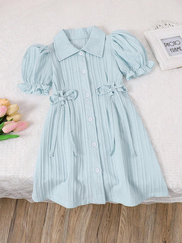 Girls' Commuter & Casual Vertical Stripe Woven Bubble Sleeve Dress With Waist Tie And A-Line Skirt, Spring/Summer, Suitable For Vacation And Home Girls' Commuter & Casual Vertical Stripe Woven Bubble Sleeve Dress With Waist Tie And A-Line Skirt, Spring/Summer, Suitable For Vacation And Home