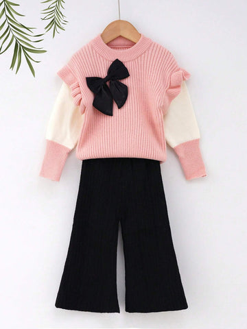 Girls Contrasting Color Crew Neck Sweater And Flare Pants Set Girls Contrasting Color Crew Neck Sweater And Flare Pants Set