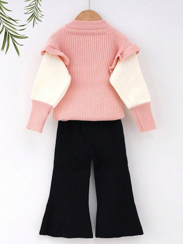 Girls Contrasting Color Crew Neck Sweater And Flare Pants Set Girls Contrasting Color Crew Neck Sweater And Flare Pants Set