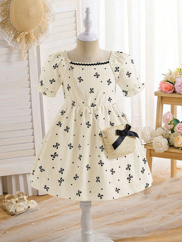 Girls Cute Bow Print Lantern Sleeve Mini Dress With Waist Tie, Paired With 3D Bow Straw Crossbody Bag, Casual Vacation, Party Wear, Summer Girls Cute Bow Print Lantern Sleeve Mini Dress With Waist Tie, Paired With 3D Bow Straw Crossbody Bag, Casual Vacation, Party Wear, Summer