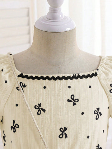 Girls Cute Bow Print Lantern Sleeve Mini Dress With Waist Tie, Paired With 3D Bow Straw Crossbody Bag, Casual Vacation, Party Wear, Summer Girls Cute Bow Print Lantern Sleeve Mini Dress With Waist Tie, Paired With 3D Bow Straw Crossbody Bag, Casual Vacation, Party Wear, Summer