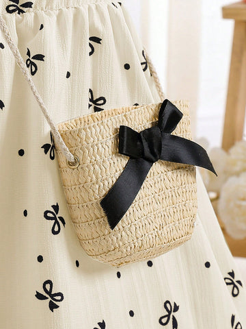 Girls Cute Bow Print Lantern Sleeve Mini Dress With Waist Tie, Paired With 3D Bow Straw Crossbody Bag, Casual Vacation, Party Wear, Summer Girls Cute Bow Print Lantern Sleeve Mini Dress With Waist Tie, Paired With 3D Bow Straw Crossbody Bag, Casual Vacation, Party Wear, Summer