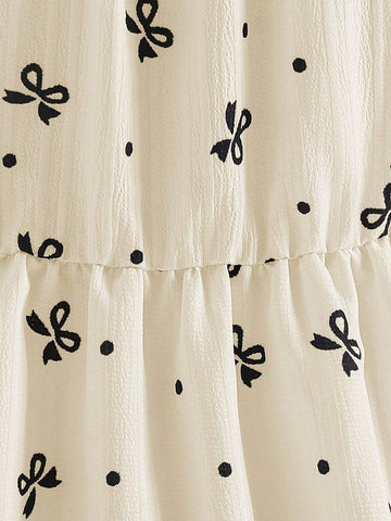 Girls Cute Bow Print Lantern Sleeve Mini Dress With Waist Tie, Paired With 3D Bow Straw Crossbody Bag, Casual Vacation, Party Wear, Summer Girls Cute Bow Print Lantern Sleeve Mini Dress With Waist Tie, Paired With 3D Bow Straw Crossbody Bag, Casual Vacation, Party Wear, Summer