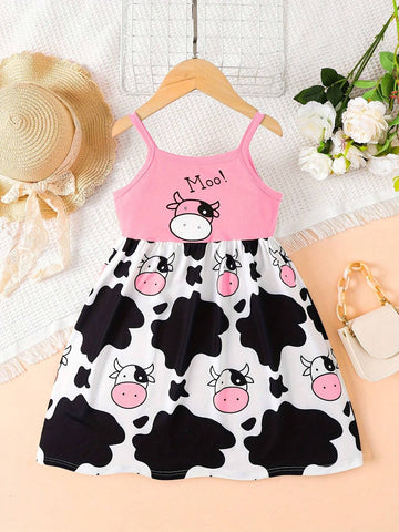 Girls Cute Farm Cow Print Cami Dress For Party Vacation, Comfy Casual Dresses For Kids Gift Girls Cute Farm Cow Print Cami Dress For Party Vacation, Comfy Casual Dresses For Kids Gift