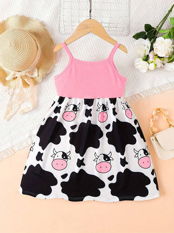 Girls Cute Farm Cow Print Cami Dress For Party Vacation, Comfy Casual Dresses For Kids Gift Girls Cute Farm Cow Print Cami Dress For Party Vacation, Comfy Casual Dresses For Kids Gift