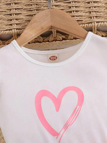 Girls' Daily Casual Heart Print Sleeveless Round Neck Top And Bowknot Shorts With Belt, Summer Children's Clothing Girls' Daily Casual Heart Print Sleeveless Round Neck Top And Bowknot Shorts With Belt, Summer Children's Clothing