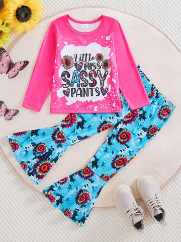 Girls Ditsy Floral And Letter Pattern Long Sleeve Top With Floral Flared Pants Set, Autumn Winter Girls Ditsy Floral And Letter Pattern Long Sleeve Top With Floral Flared Pants Set, Autumn Winter