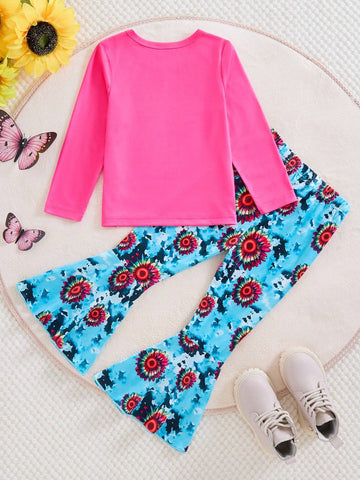 Girls Ditsy Floral And Letter Pattern Long Sleeve Top With Floral Flared Pants Set, Autumn Winter Girls Ditsy Floral And Letter Pattern Long Sleeve Top With Floral Flared Pants Set, Autumn Winter