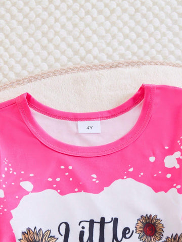 Girls Ditsy Floral And Letter Pattern Long Sleeve Top With Floral Flared Pants Set, Autumn Winter Girls Ditsy Floral And Letter Pattern Long Sleeve Top With Floral Flared Pants Set, Autumn Winter