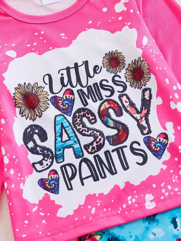 Girls Ditsy Floral And Letter Pattern Long Sleeve Top With Floral Flared Pants Set, Autumn Winter Girls Ditsy Floral And Letter Pattern Long Sleeve Top With Floral Flared Pants Set, Autumn Winter