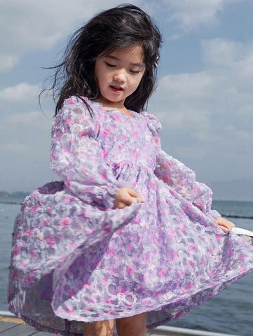 Girls Ditsy Floral Square Neck Puff Sleeve Mesh Dress, Spring Girls Ditsy Floral Square Neck Puff Sleeve Mesh Dress, Spring