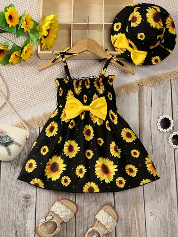 Girls' Dress With Chrysanthemum Print And Bow Strap Girls' Dress With Chrysanthemum Print And Bow Strap