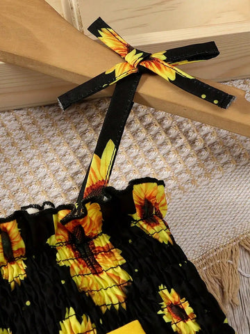 Girls' Dress With Chrysanthemum Print And Bow Strap Girls' Dress With Chrysanthemum Print And Bow Strap