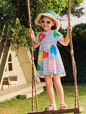 Girls Dress, Young Girl Casual Vacation Minimalist Blue & White Striped Heart Geometric Print Short Sleeve Loose Comfortable Beach Dress Girls Dress, Young Girl Casual Vacation Minimalist Blue & White Striped Heart Geometric Print Short Sleeve Loose Comfortable Beach Dress