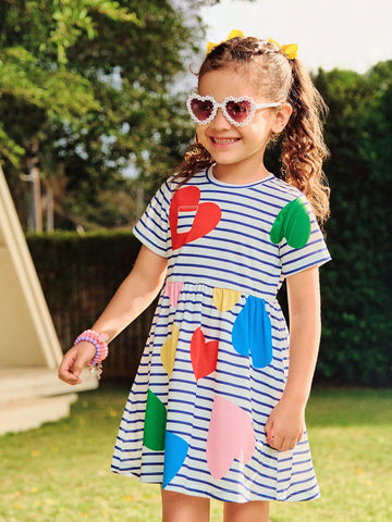 Girls Dress, Young Girl Casual Vacation Minimalist Blue & White Striped Heart Geometric Print Short Sleeve Loose Comfortable Beach Dress Girls Dress, Young Girl Casual Vacation Minimalist Blue & White Striped Heart Geometric Print Short Sleeve Loose Comfortable Beach Dress