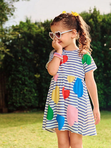 Girls Dress, Young Girl Casual Vacation Minimalist Blue & White Striped Heart Geometric Print Short Sleeve Loose Comfortable Beach Dress Girls Dress, Young Girl Casual Vacation Minimalist Blue & White Striped Heart Geometric Print Short Sleeve Loose Comfortable Beach Dress