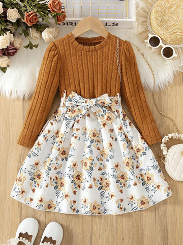 Girls Elegant Long Sleeve Ribbed Round Neck Floral Print Empire Waist Bow Tie Princess Dress, Suitable For Travel, Vacation, Birthday Party, Spring Autumn Girls Elegant Long Sleeve Ribbed Round Neck Floral Print Empire Waist Bow Tie Princess Dress, Suitable For Travel, Vacation, Birthday Party, Spring Autumn