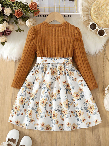 Girls Elegant Long Sleeve Ribbed Round Neck Floral Print Empire Waist Bow Tie Princess Dress, Suitable For Travel, Vacation, Birthday Party, Spring Autumn Girls Elegant Long Sleeve Ribbed Round Neck Floral Print Empire Waist Bow Tie Princess Dress, Suitable For Travel, Vacation, Birthday Party, Spring Autumn