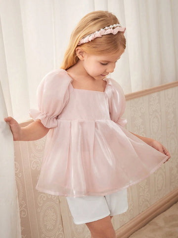 Girls' Elegant Pink Puff Sleeve Top And White Shorts 2pcs/Set For Summer Girls' Elegant Pink Puff Sleeve Top And White Shorts 2pcs/Set For Summer