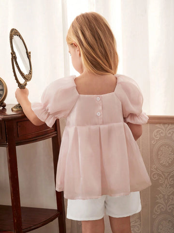 Girls' Elegant Pink Puff Sleeve Top And White Shorts 2pcs/Set For Summer Girls' Elegant Pink Puff Sleeve Top And White Shorts 2pcs/Set For Summer