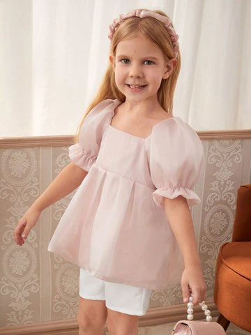Girls' Elegant Pink Puff Sleeve Top And White Shorts 2pcs/Set For Summer Girls' Elegant Pink Puff Sleeve Top And White Shorts 2pcs/Set For Summer