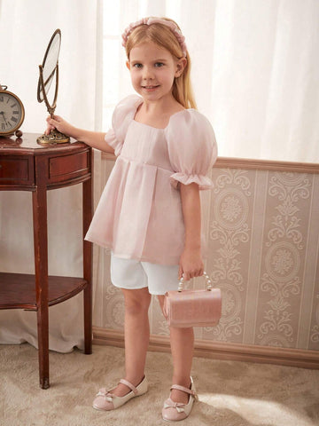 Girls' Elegant Pink Puff Sleeve Top And White Shorts 2pcs/Set For Summer Girls' Elegant Pink Puff Sleeve Top And White Shorts 2pcs/Set For Summer