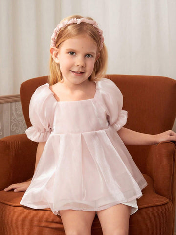 Girls' Elegant Pink Puff Sleeve Top And White Shorts 2pcs/Set For Summer Girls' Elegant Pink Puff Sleeve Top And White Shorts 2pcs/Set For Summer