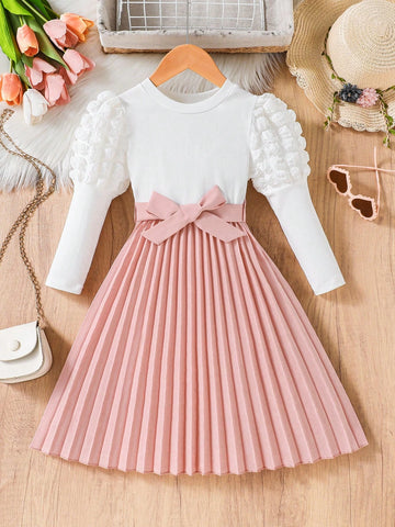 Girls Elegant White Textured Puff Sleeve Knit Top And Pink Pleated Skirt Dress With Belt, Suitable For Daily, Commuting, Vacation, Casual, Long Sleeve Dress Girls Elegant White Textured Puff Sleeve Knit Top And Pink Pleated Skirt Dress With Belt, Suitable For Daily, Commuting, Vacation, Casual, Long Sleeve Dress