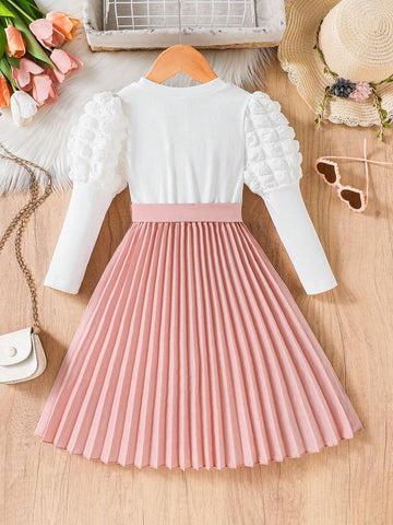 Girls Elegant White Textured Puff Sleeve Knit Top And Pink Pleated Skirt Dress With Belt, Suitable For Daily, Commuting, Vacation, Casual, Long Sleeve Dress Girls Elegant White Textured Puff Sleeve Knit Top And Pink Pleated Skirt Dress With Belt, Suitable For Daily, Commuting, Vacation, Casual, Long Sleeve Dress