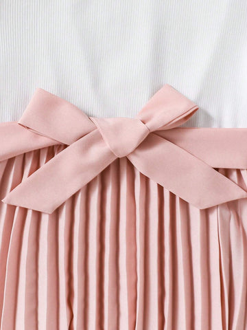 Girls Elegant White Textured Puff Sleeve Knit Top And Pink Pleated Skirt Dress With Belt, Suitable For Daily, Commuting, Vacation, Casual, Long Sleeve Dress Girls Elegant White Textured Puff Sleeve Knit Top And Pink Pleated Skirt Dress With Belt, Suitable For Daily, Commuting, Vacation, Casual, Long Sleeve Dress