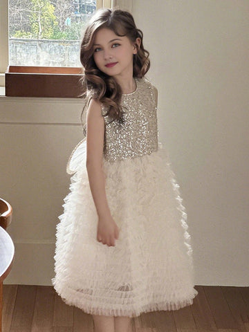 Girls' Fashionable Sequin & Mesh Patchwork Princess Dress With Wing Detail, Summer Girls' Fashionable Sequin & Mesh Patchwork Princess Dress With Wing Detail, Summer