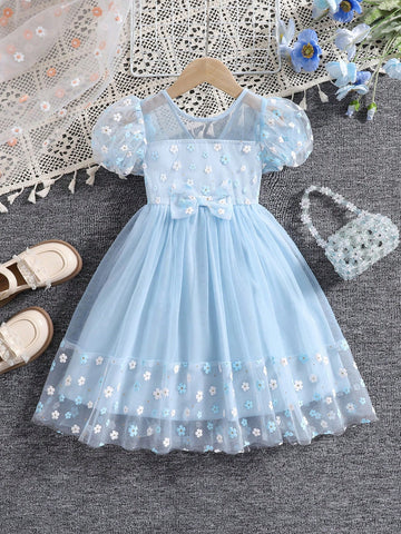 Girls Floral Mesh Patchwork Princess Dress With Round Neck & Lantern Sleeve, Cute And Elegant Summer Dress Girls Floral Mesh Patchwork Princess Dress With Round Neck & Lantern Sleeve, Cute And Elegant Summer Dress