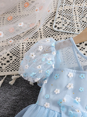 Girls Floral Mesh Patchwork Princess Dress With Round Neck & Lantern Sleeve, Cute And Elegant Summer Dress Girls Floral Mesh Patchwork Princess Dress With Round Neck & Lantern Sleeve, Cute And Elegant Summer Dress
