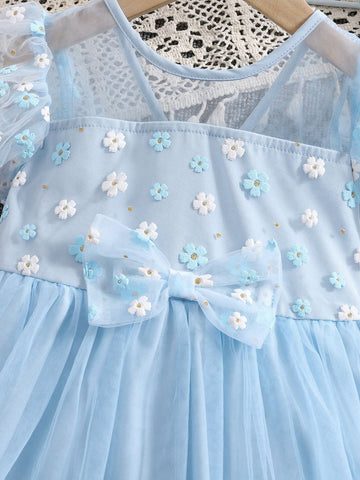Girls Floral Mesh Patchwork Princess Dress With Round Neck & Lantern Sleeve, Cute And Elegant Summer Dress Girls Floral Mesh Patchwork Princess Dress With Round Neck & Lantern Sleeve, Cute And Elegant Summer Dress