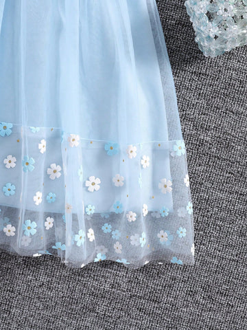 Girls Floral Mesh Patchwork Princess Dress With Round Neck & Lantern Sleeve, Cute And Elegant Summer Dress Girls Floral Mesh Patchwork Princess Dress With Round Neck & Lantern Sleeve, Cute And Elegant Summer Dress