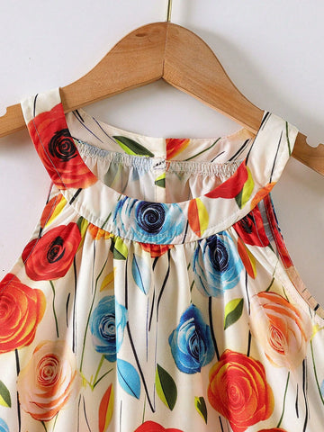 Girls' Floral Print Halter Neck Loose Casual Dress With Ruffled Hem, Suitable For Casual Outings, Shopping, Vacation, Summer Girls' Floral Print Halter Neck Loose Casual Dress With Ruffled Hem, Suitable For Casual Outings, Shopping, Vacation, Summer