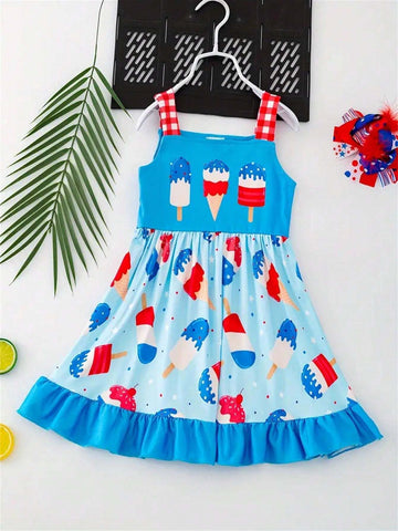 Girl's Ice Cream Plaid Sundress Swing Comfy Spaghetti Strap Dress For Independence Day Girl's Ice Cream Plaid Sundress Swing Comfy Spaghetti Strap Dress For Independence Day