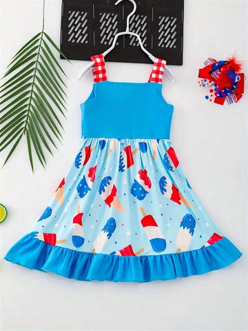 Girl's Ice Cream Plaid Sundress Swing Comfy Spaghetti Strap Dress For Independence Day Girl's Ice Cream Plaid Sundress Swing Comfy Spaghetti Strap Dress For Independence Day