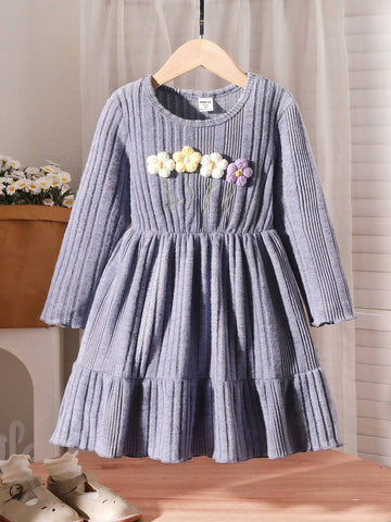 Girls Knit Flower Embroidered Dress, Long Sleeve, Soft & Comfy, Ribbed, Colorblock, High-End Style Girls Knit Flower Embroidered Dress, Long Sleeve, Soft & Comfy, Ribbed, Colorblock, High-End Style