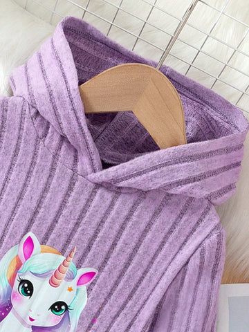 Girls' Long Sleeve Hooded Ribbed Ribbed Unicorn Pattern Casual Dress, Suitable For Travel & Vacation, Autumn/Winter Girls' Long Sleeve Hooded Ribbed Ribbed Unicorn Pattern Casual Dress, Suitable For Travel & Vacation, Autumn/Winter