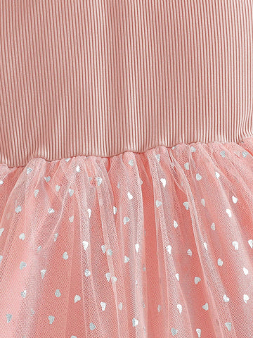 Girls Lovely Sweet 3D Floral Criss-Cross Crop Top & Heart Print Mesh Hem Dress Girls Lovely Sweet 3D Floral Criss-Cross Crop Top & Heart Print Mesh Hem Dress