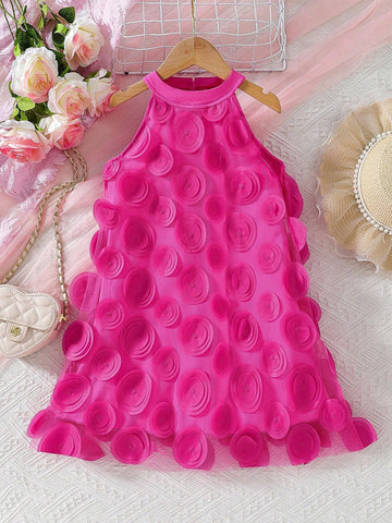 Girls Mesh Floral Decor Halter Loose Casual Dress, Suitable For Outing, Party, Vacation, Summer Girls Mesh Floral Decor Halter Loose Casual Dress, Suitable For Outing, Party, Vacation, Summer