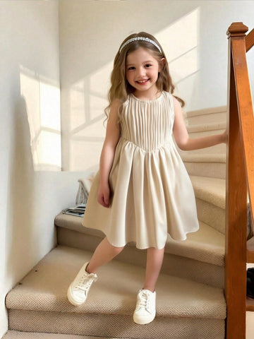Girls' Minimalist Casual Fashion Versatile Pleated Sleeveless Dress Girls' Minimalist Casual Fashion Versatile Pleated Sleeveless Dress