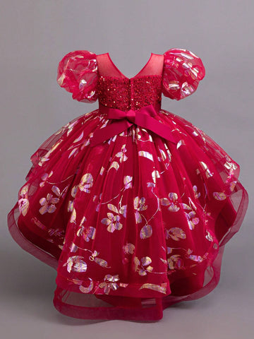 Girls' Party Ruffle Sleeve Dress, Sparkly Elegant Front Short Back Long Princess Gown For Birthday Wedding Christening Girls' Party Ruffle Sleeve Dress, Sparkly Elegant Front Short Back Long Princess Gown For Birthday Wedding Christening