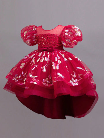 Girls' Party Ruffle Sleeve Dress, Sparkly Elegant Front Short Back Long Princess Gown For Birthday Wedding Christening Girls' Party Ruffle Sleeve Dress, Sparkly Elegant Front Short Back Long Princess Gown For Birthday Wedding Christening