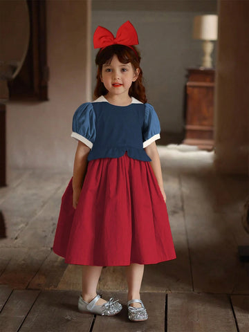 Girls' Peter Pan Collar Puff Sleeve Princess Dress, Summer Patchwork Skirt Dress Girls' Peter Pan Collar Puff Sleeve Princess Dress, Summer Patchwork Skirt Dress