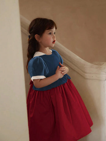Girls' Peter Pan Collar Puff Sleeve Princess Dress, Summer Patchwork Skirt Dress Girls' Peter Pan Collar Puff Sleeve Princess Dress, Summer Patchwork Skirt Dress