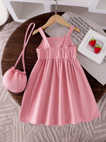 Girls Pink Mesh Strap Knit Strawberry Decor Dress Girls Pink Mesh Strap Knit Strawberry Decor Dress