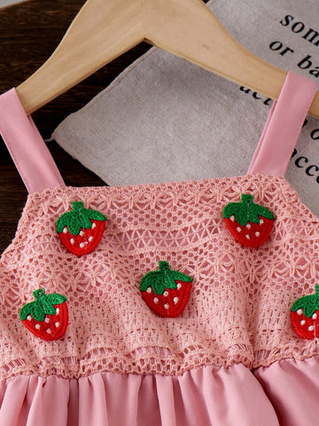 Girls Pink Mesh Strap Knit Strawberry Decor Dress Girls Pink Mesh Strap Knit Strawberry Decor Dress