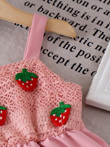 Girls Pink Mesh Strap Knit Strawberry Decor Dress Girls Pink Mesh Strap Knit Strawberry Decor Dress